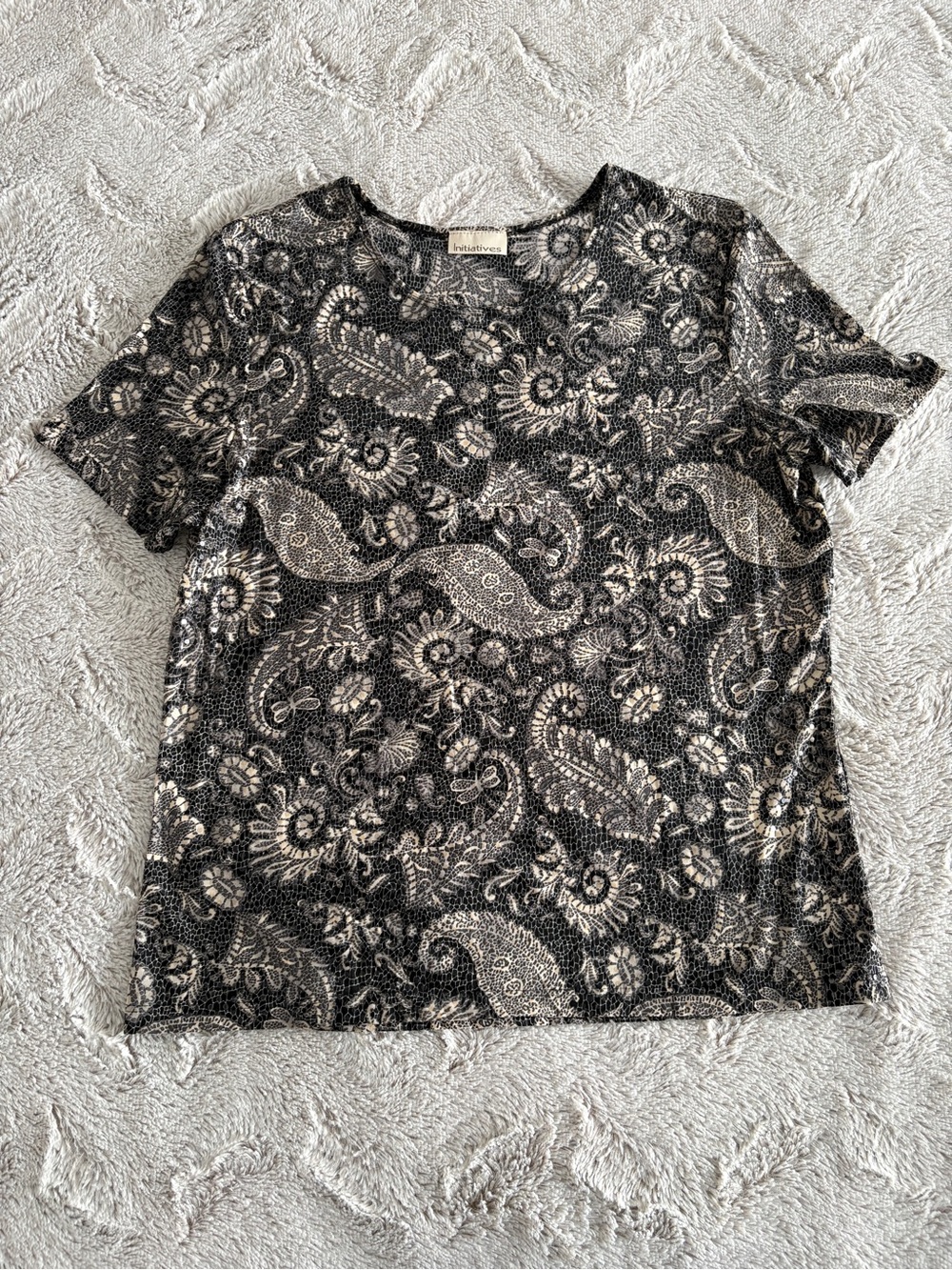 Vintage Initiatives Short Sleeved Dressy Sequined Neutral Toned Tee Size Medium